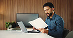 Man, reading and laptop in office with paperwork for finance report, business proposal and budget info. Auditor, person and evaluation in workplace with computer, document review and financial plan.