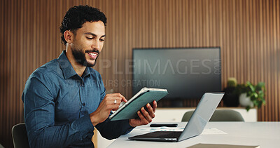 Buy stock photo Office, smile and man with tablet for business plan, editing or development of creative ideas. Scroll, laptop and consultant for online report, proposal review or research project at digital agency
