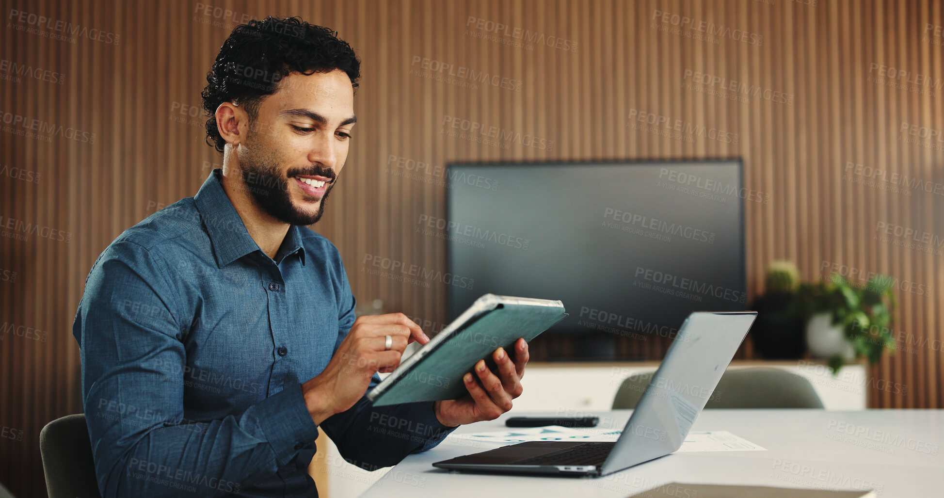 Buy stock photo Office, smile and man with tablet for business plan, editing or development of creative ideas. Scroll, laptop and consultant for online report, proposal review or research project at digital agency