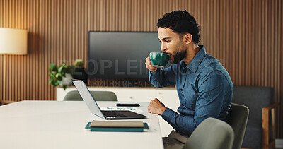 Buy stock photo Office, coffee break and man with laptop for business plan, editing or development of creative ideas. Thinking, tech and consultant for online report, review or research project at digital agency
