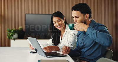 Buy stock photo Business people, coffee and laptop in office with document for discussion, proposal or partnership. Coworkers, conversation or paperwork review in workplace with computer, hot drink or collaboration.