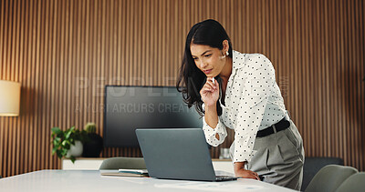 Buy stock photo Media agency, reading and woman with laptop, thinking and email for manuscript submission. Person, problem solving or journalist in workplace, pc or column for website blog, magazine editor or choice