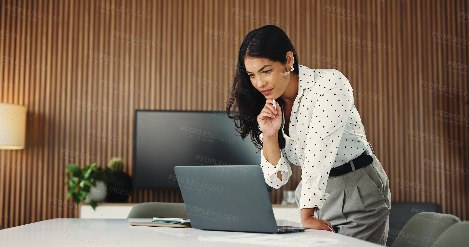 Buy stock photo Media agency, reading and woman with laptop, thinking and email for manuscript submission. Person, problem solving or journalist in workplace, pc or column for website blog, magazine editor or choice