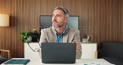 Buy stock photo Thinking, man and research with laptop, office and decision for risk assessment on website or online. Financial analyst, reflection and mature person with tech for budget review and wealth management
