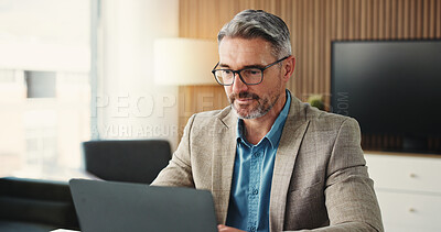 Buy stock photo Reading, research and man with laptop, office or glasses for digital report, info or risk assessment. Business, financial analyst and mature person with tech for budget review and wealth management