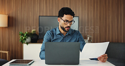 Buy stock photo Office, paperwork and man with laptop for business plan, editing or development of creative ideas. Document, technology and consultant for online report, review or research project at digital agency