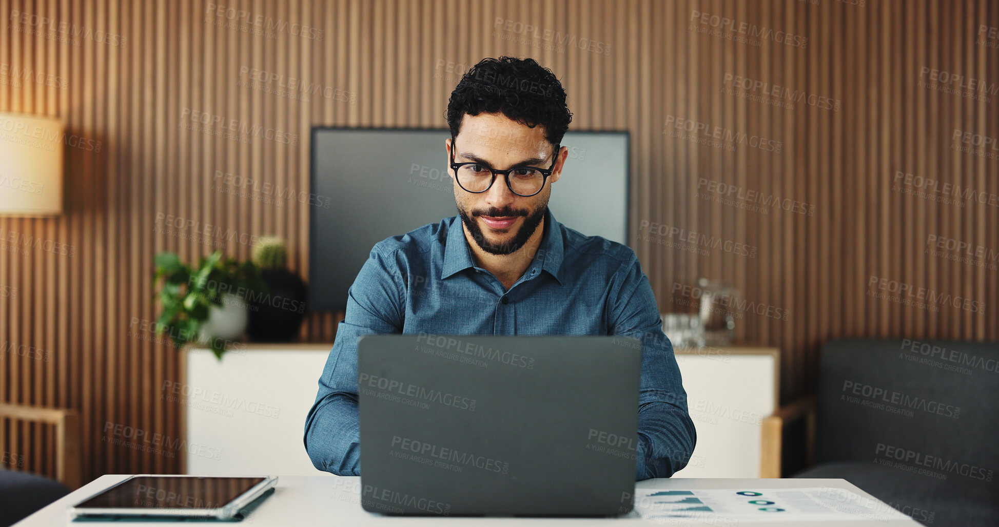 Buy stock photo Businessman, reading or research in office with laptop for data analysis, finance proposal or report. Person, typing or browse in workplace with computer for financial statistics, planning and email.