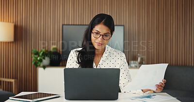 Buy stock photo Documents, laptop and research with business woman in office for payroll manager, tax ledger chart and planning. Account report, online bookkeeping and audit graph with person and tech in agency