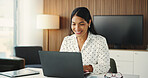 Woman, smile and typing in office with laptop for digital marketing campaign, research and report. Happy person, browse and planning in workplace with computer, advertising project and creative idea.