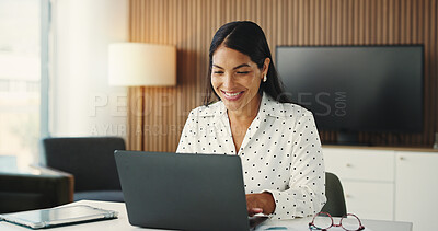 Buy stock photo Woman, smile and typing in office with laptop for digital marketing campaign, research and report. Happy person, browse and planning in workplace with computer, advertising project and creative idea.