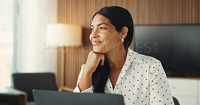 Buy stock photo Thinking, business and woman with laptop in office for vision, real estate auction and property research. Realtor, pc and reflection for expansion negotiation, resale opportunity and viewing schedule