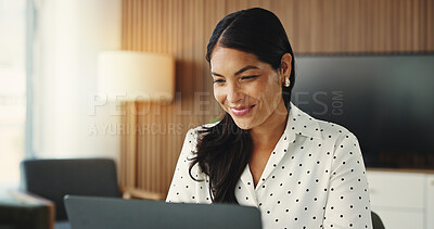 Buy stock photo Media agency, reading and woman in workplace, laptop and email for article submission. Person, smile or journalist in office, pc or column for website blog or creative project for online subscription