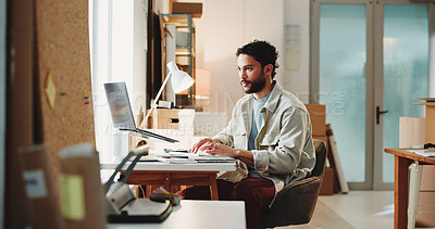 Buy stock photo Ecommerce, man and typing in office with laptop for online order, process sales and shipping feedback. Person, browsing and email in workplace with computer for logistics, supply chain and delivery.