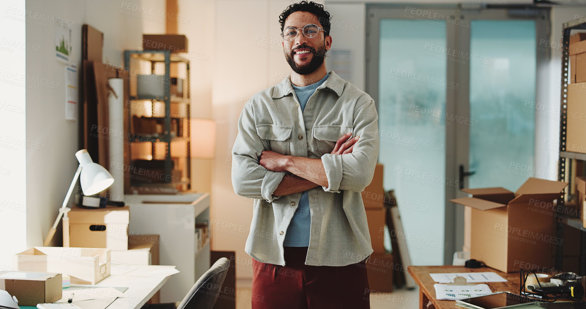 Buy stock photo Ecommerce, portrait or man with arms crossed for startup, confident entrepreneur or logistics supplier. Supply chain, distribution office or person with pride for career, smile or small business