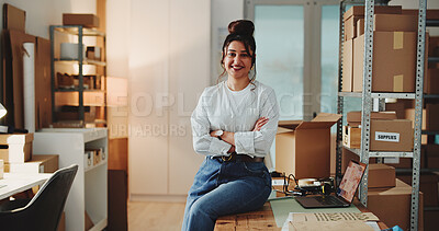 Buy stock photo Ecommerce, portrait and happy woman with arms crossed for startup, confident and logistics supplier. Supply chain, distribution office and entrepreneur with pride for career, smile and small business