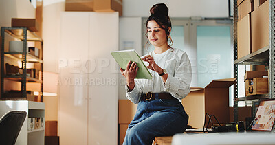 Buy stock photo Ecommerce, woman and scroll in office with tablet for online order, process sales or shipping feedback. Female person, browse and email in workplace with tech for logistics, supply chain or delivery.