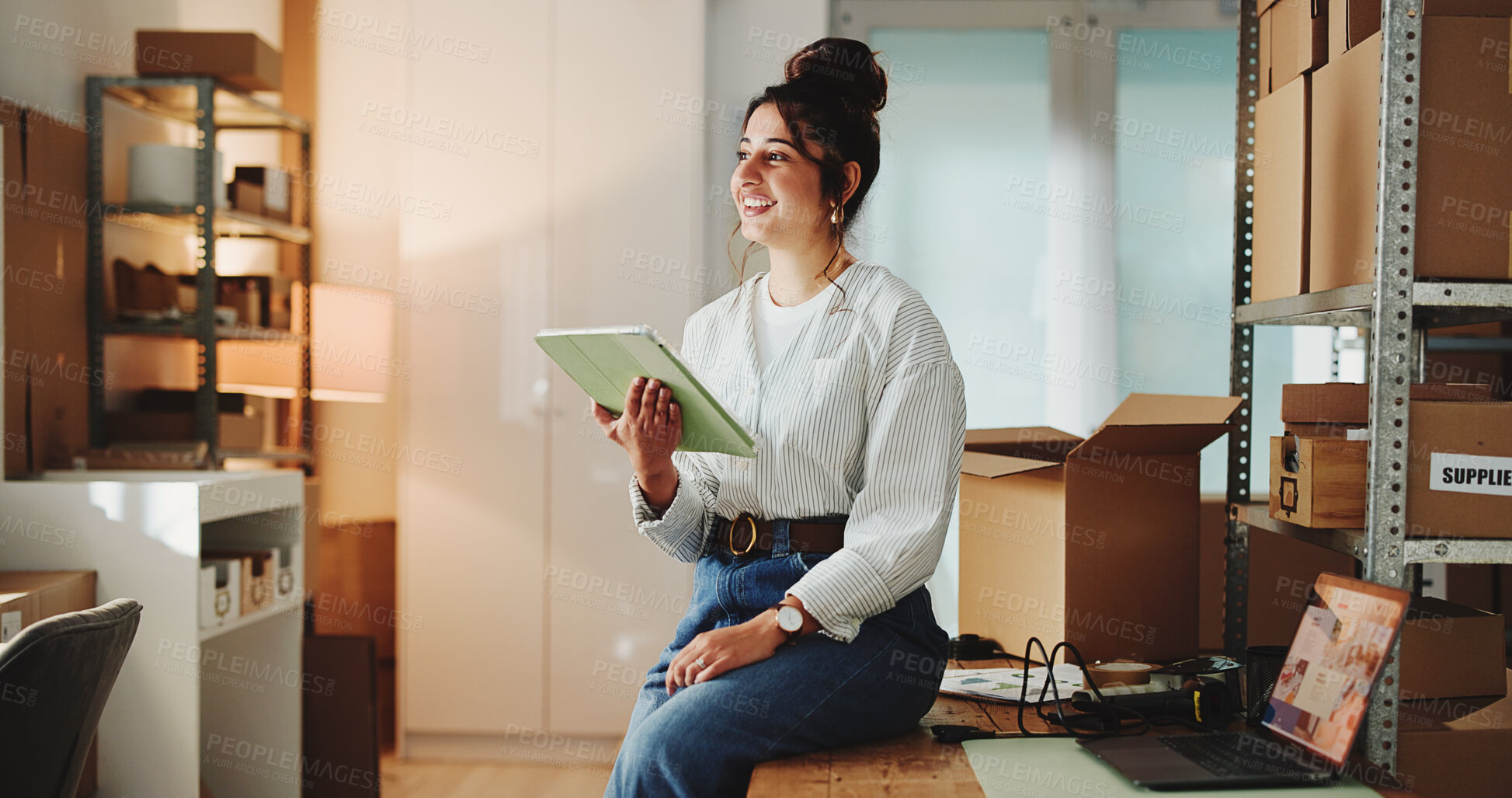 Buy stock photo Ecommerce, happy woman or thinking in office with tablet for online order, customer review or feedback. Person, reflection or smile in workplace with tech for logistics, client satisfaction or email.