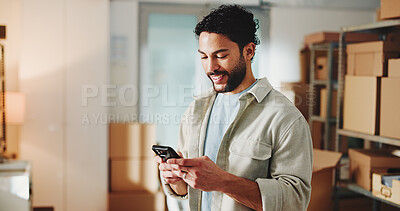 Buy stock photo Ecommerce, happy man and typing in office with phone for customer review, shipping update and email. Person, smile and scroll in workplace with tech for logistics, client feedback or courier service.
