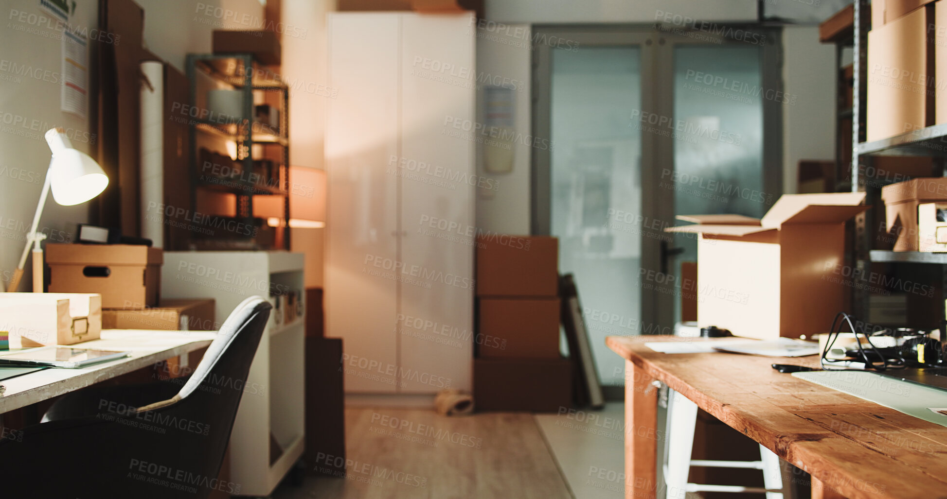 Buy stock photo Logistics, empty or boxes in office building, interior or stock space in small business. Distribution, vacant workplace or inventory in supply agency, professional setting or courier setup at startup