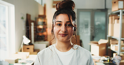 Buy stock photo Smile, logistics and portrait of woman in office for dropshipping, freight or distribution startup. Happy, confident and female supply chain manager with small business for export, cargo or delivery.