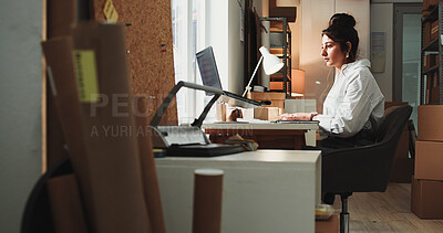 Buy stock photo Ecommerce, woman and browsing in office with laptop for online order, process sales or shipping feedback. Person, typing and reading email in workplace with computer, logistics and supply chain info.
