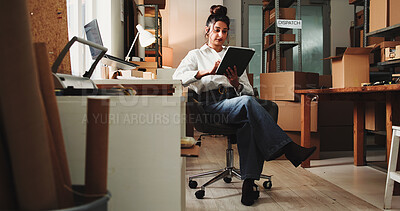 Buy stock photo Ecommerce, woman and typing in office with tablet for online order, process sales or shipping feedback. Female person, scroll and email in workplace with tech for logistics, supply chain or delivery.