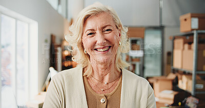 Buy stock photo Happy, logistics and portrait of woman in office for dropshipping, freight or distribution startup. Smile, confident and mature female supply chain manager with small business for export delivery.