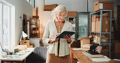 Buy stock photo Startup, logistics and woman with tablet, scroll and order review on website, ecommerce and shipping. Browsing, online and mature person with tech for stock inventory, delivery and goods distribution