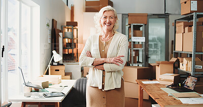 Buy stock photo Crossed arms, logistics and portrait of woman in office for dropshipping, freight or cargo startup. Happy, confident and mature female supply chain manager with small business for export delivery.