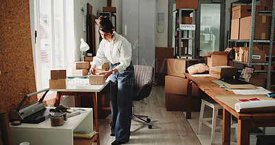 Buy stock photo Logistics, entrepreneur or woman with box label, shipping address or packaging process for ecommerce. Customer info, parcel preparation or person with small business order, courier or mailing details