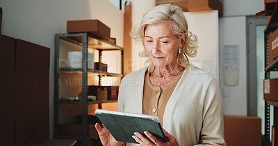 Buy stock photo Startup, logistics and woman with tablet, online and order review on website, ecommerce and shipping. Browsing, update and mature person with tech for stock inventory, delivery and goods distribution