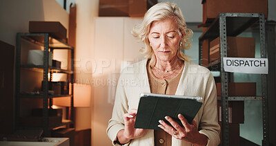 Buy stock photo Distribution, startup and woman with tablet, scroll and order review on web, ecommerce and logistics. Browsing, online and mature person with tech for stock inventory, delivery and shipping updates