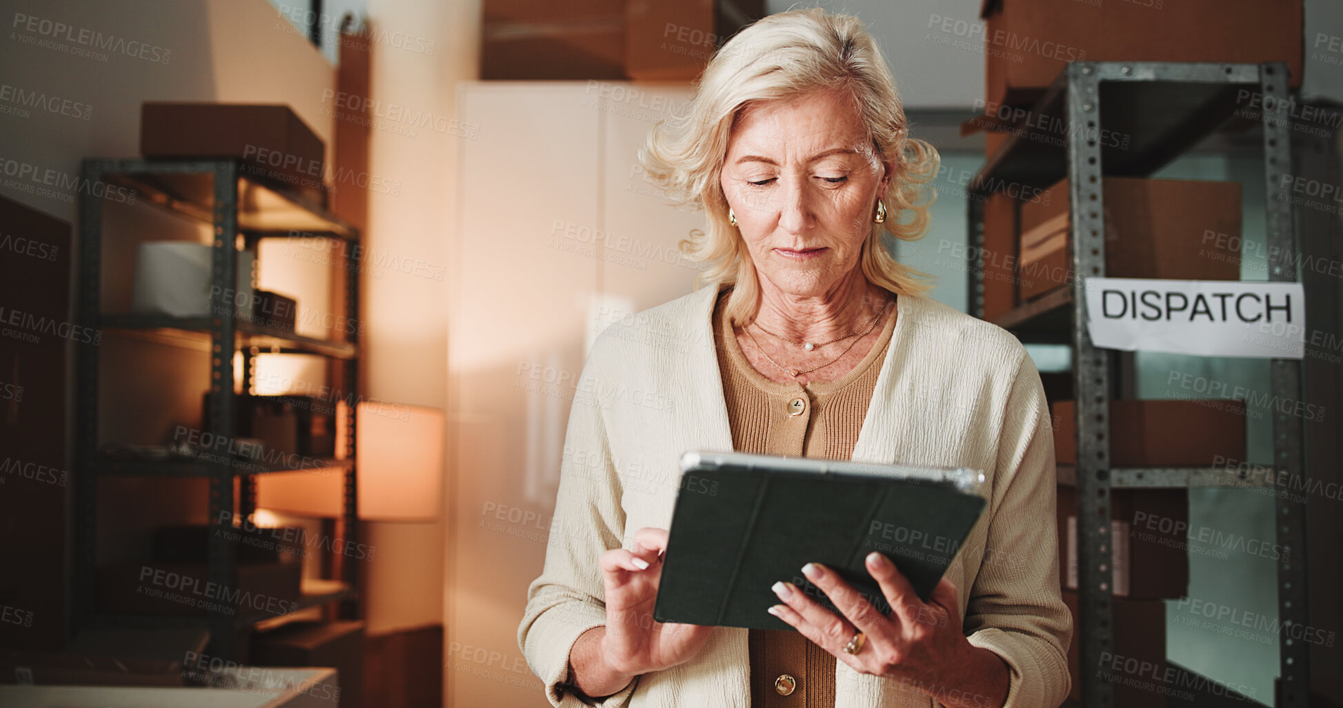 Buy stock photo Distribution, startup and woman with tablet, scroll and order review on web, ecommerce and logistics. Browsing, online and mature person with tech for stock inventory, delivery and shipping updates