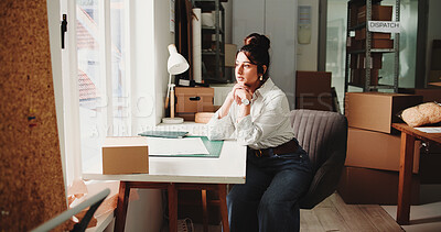 Buy stock photo Logistics, thinking or woman in office with idea, target solution or career goals in small business. Distribution, reflection or entrepreneur with thoughts, daydream or growth objective for startup.