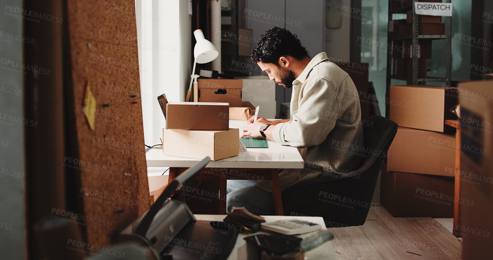 Buy stock photo Writing, logistics and businessman in office with boxes for information with delivery, cargo or freight. Service, ecommerce and male supply chain manager with shipping export schedule in workplace.