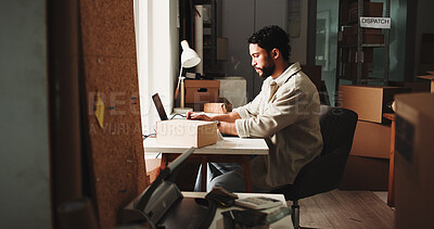 Buy stock photo Ecommerce, man and typing in small business with laptop for online order, process sales and shipping. Person, browse and email in office with computer for logistics, supply chain or dispatch service.