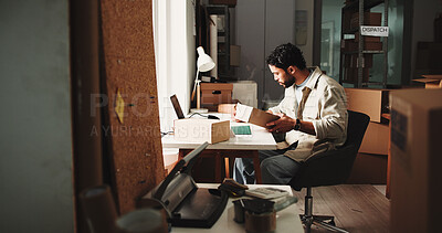 Buy stock photo Logistics, entrepreneur or man with box in startup, shipping planning or package inspection for delivery. Ecommerce, supply chain or person with check for small business order, parcel or stock info