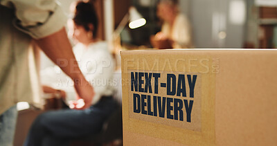 Buy stock photo Label, supply chain and box in office for distribution with next day delivery for freight shipping. People, cardboard package and ecommerce parcel with express service for cargo, logistics or export.