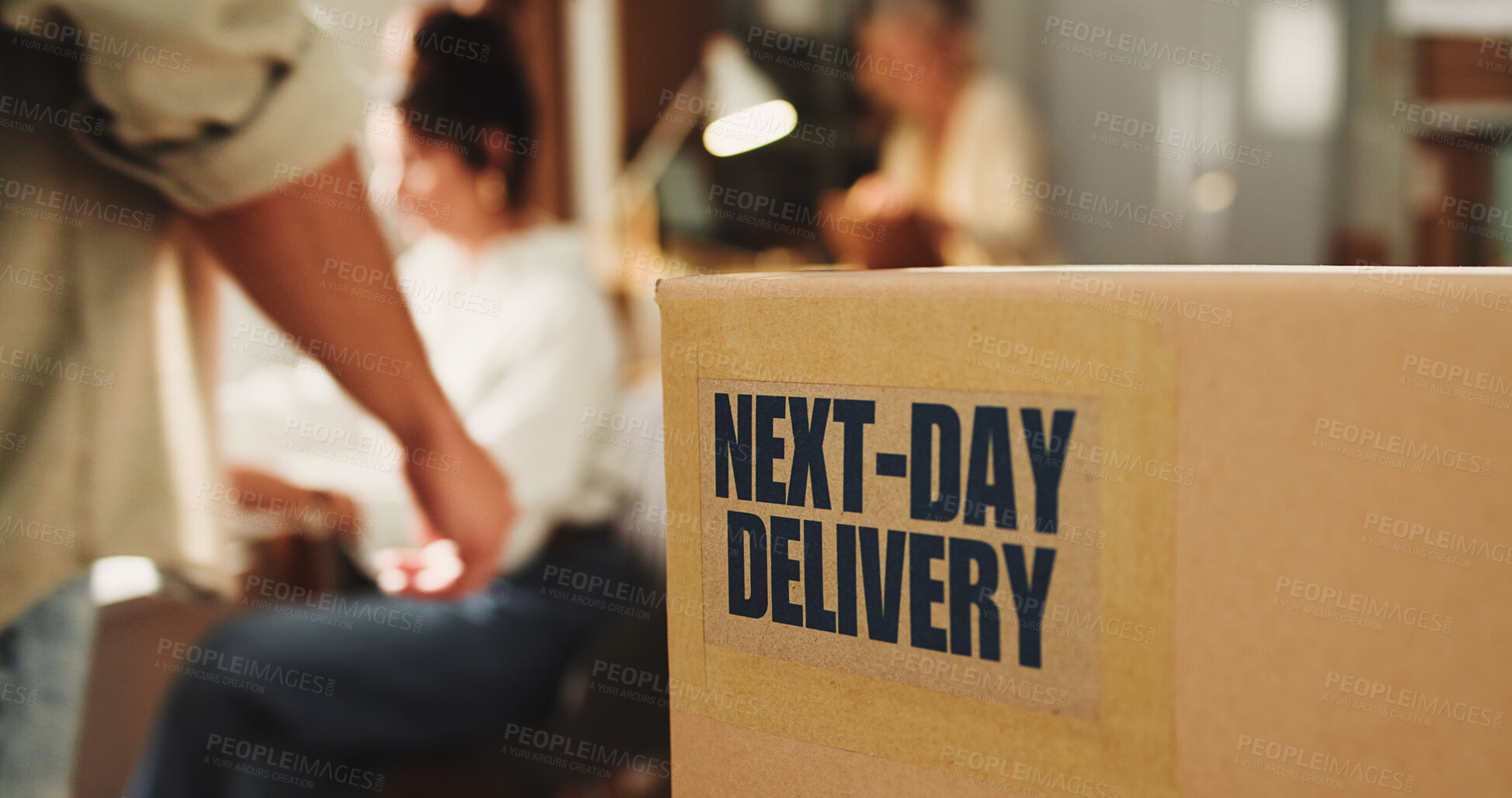 Buy stock photo Label, supply chain and box in office for distribution with next day delivery for freight shipping. People, cardboard package and ecommerce parcel with express service for cargo, logistics or export.