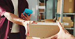 Hands, box and worker with customer in office for order pickup with ecommerce small business. Cardboard package, service and logistics manager with client for parcel exchange with distribution.