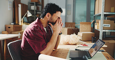 Buy stock photo Ecommerce, headache and man with laptop, pain and blue light exposure with stress. Entrepreneur, pc and distribution with migraine, tired and burnout with fatigue, eye strain and inventory management