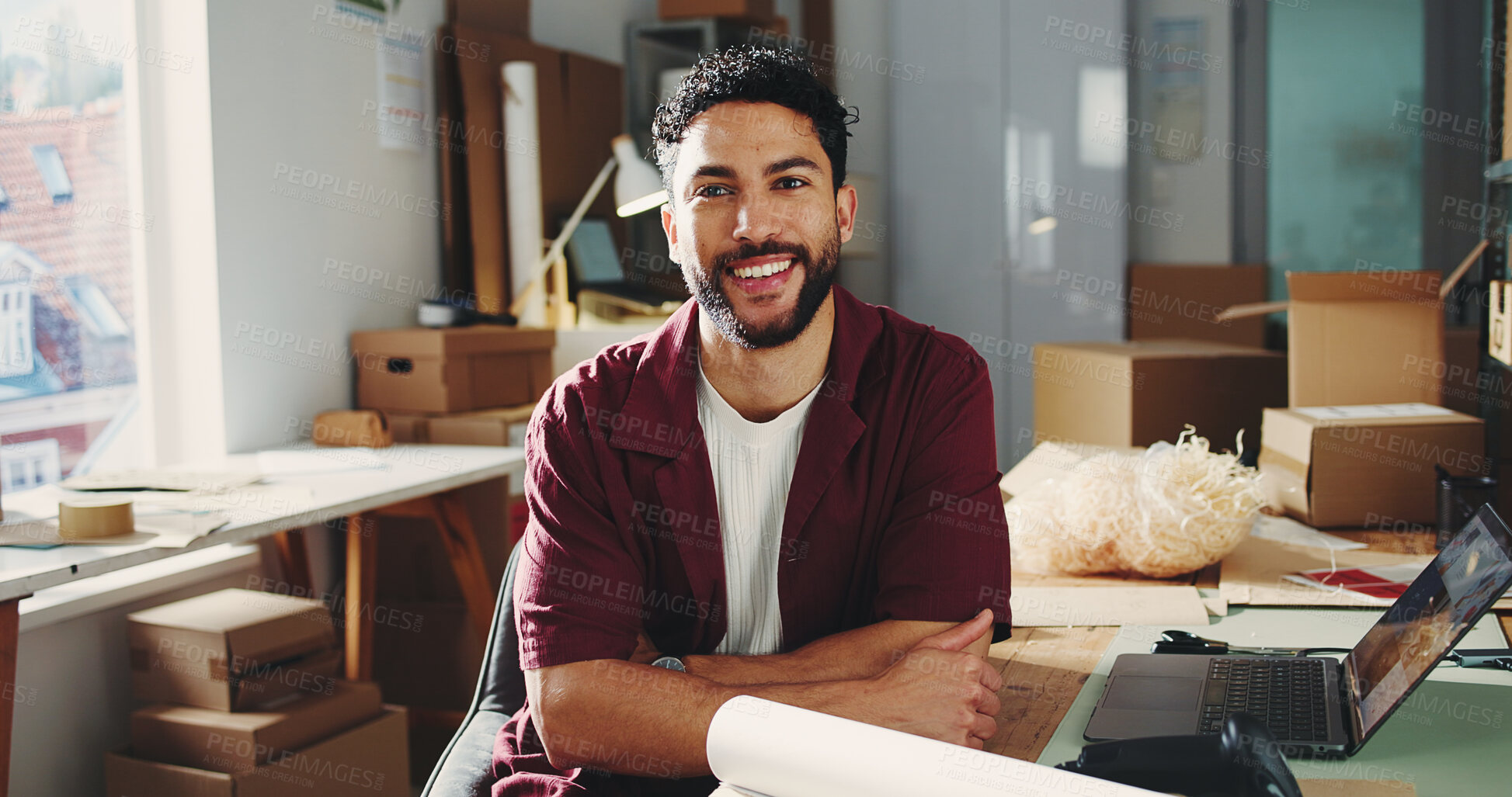 Buy stock photo Ecommerce, portrait or man in office with smile, pride or experience in shipping industry. Happy, export or dispatch agent in workplace with boxes, about us or confidence in logistics sector.