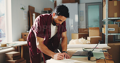 Buy stock photo Logistics, writing or man in office with paper, package track or inventory management of shipment. Distribution, ecommerce or dispatch agent with notes, order schedule or checklist in supply chain.