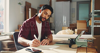 Buy stock photo Logistics, notes or man in office with paper, parcel track or inventory management of shipment. Distribution, ecommerce or dispatch agent with writing, order schedule or checklist in supply chain.