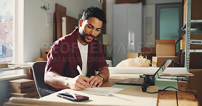 Buy stock photo Logistics, smile or man in office with writing, parcel track or inventory management of shipment. Distribution, ecommerce or entrepreneur with notes, order schedule or checklist in supply chain.