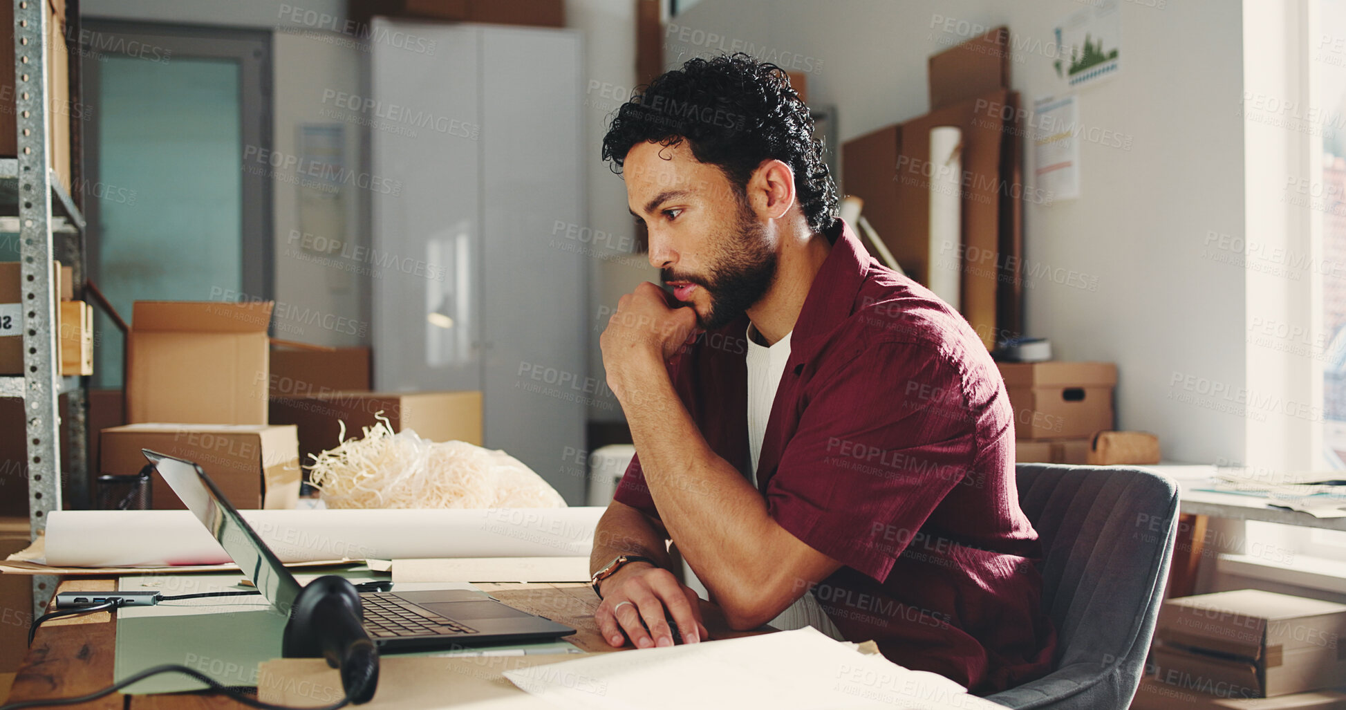 Buy stock photo Ecommerce, reading or man with laptop in startup, package delivery or track product distribution. Small business, check stock shipping progress or entrepreneur on courier website, pc or supply chain