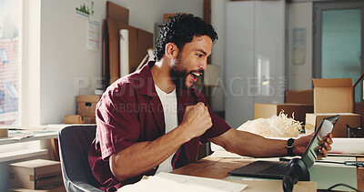 Buy stock photo Smile, man and fist pump with laptop at warehouse for good news, order alert and sales success. Excited, person and pc with notification for stock clearance, ecommerce achievement and product launch