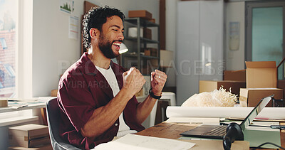 Buy stock photo Happy, man and fist pump with laptop at warehouse for good news, order alert and sales success. Excited, person and pc with notification for stock clearance, ecommerce achievement and product launch