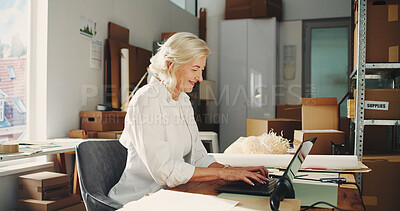 Buy stock photo Ecommerce, typing or woman with laptop in warehouse, package delivery or track product distribution. Small business, check shipping progress or mature entrepreneur on courier site, pc or supply chain