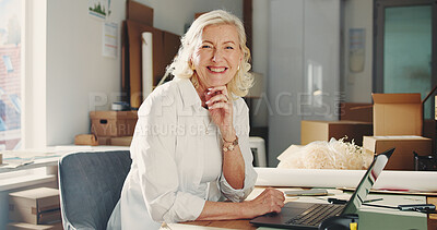 Buy stock photo Ecommerce, portrait or woman in office with laptop, pride or experience in shipping industry. Happy, mature person or dispatch agent in workplace with tech, about us or confidence in logistics sector